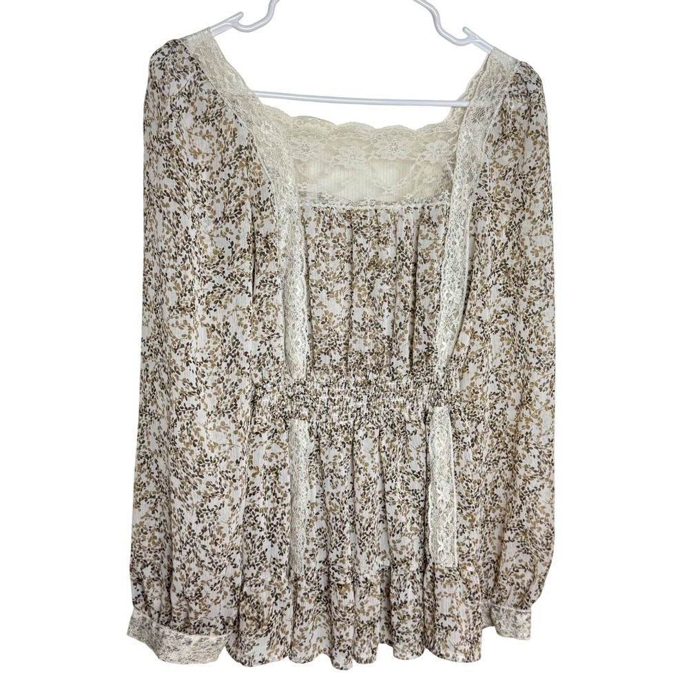 Candies Y2K Long Sleeve Floral Lace Square Neck Smocked Waist Blouse Top L